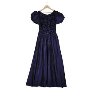 Vintage 80s Simco Formalwear Dress 10 Purple Black Puff Sleeve Maxi Gown